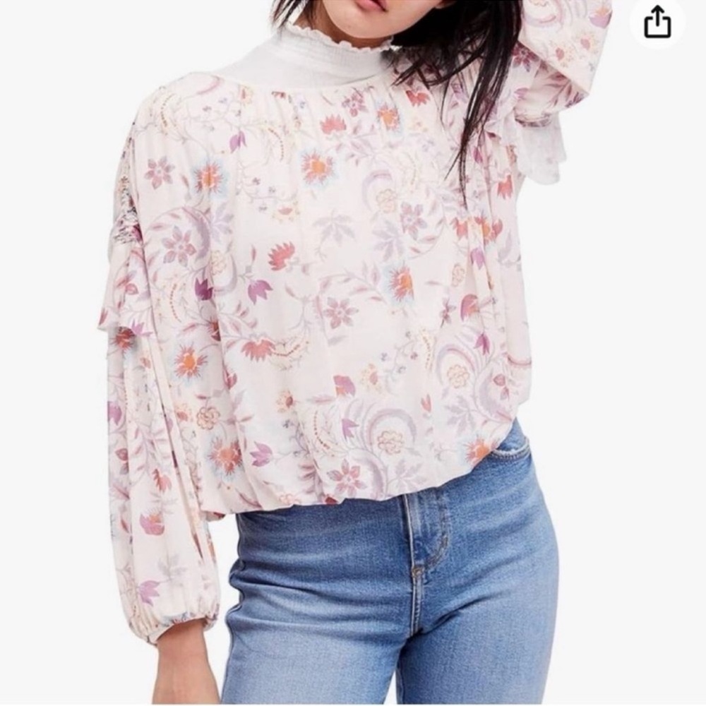 Free people Wild Flower Honey Cream Floral Sheer Bubble Hem long sleeve Blouse